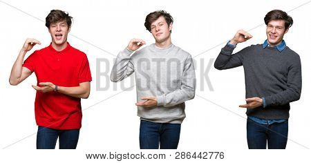 Collage of young man over white isolated background gesturing with hands showing big and large size sign, measure symbol. Smiling looking at the camera. Measuring concept.