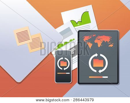 Data Transfer Cloud Computer Connection Database Synchronize Concept Top Angle View Desktop Tablet S