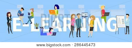 Team Elearning Typography Banner Illustration. People Provide Knowledge Transfer, Female Control Stu