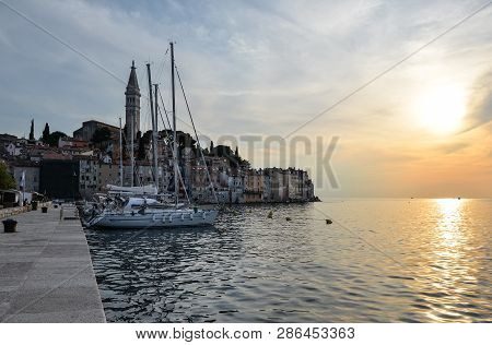 Rovinj, Croatia - May 22, 2018: Evening View On Pier And Yachts In Coastal Town Of Rovinj, Istria, C