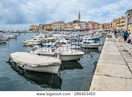 Rovinj, Croatia - May 22, 2018: Pier And Yachts In Coastal Town Of Rovinj, Istria, Croatia. Seascape