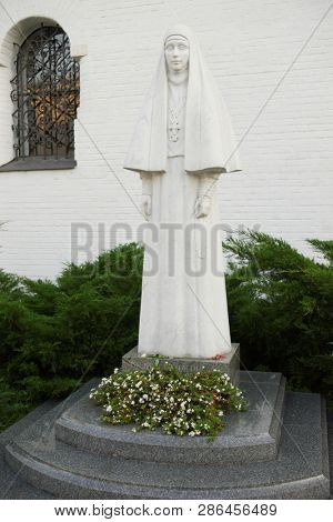 Moscow, Russia - JUNE, 2018: Monument to Grand Duchess Elisabeth of Russia. Convent of S Martha and Mary, Marfo - Mariinsky Convent on Bolshaya Ordynka.