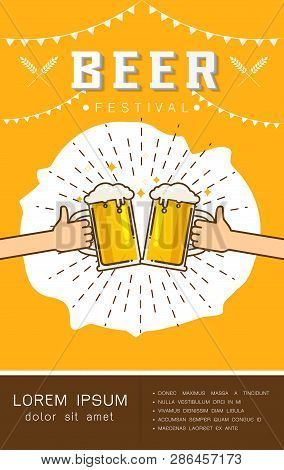 Beer Festival, Party Event Vertical Poster. Two Hands Holding The Beer  Beer Glass. Vector Illustrat