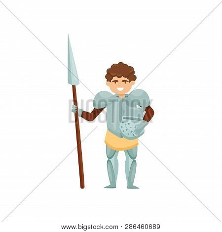 Smiling Knight With Spear And Helmet In Hands. Royal Warrior In Metal Armor. Brave Medieval Soldier.