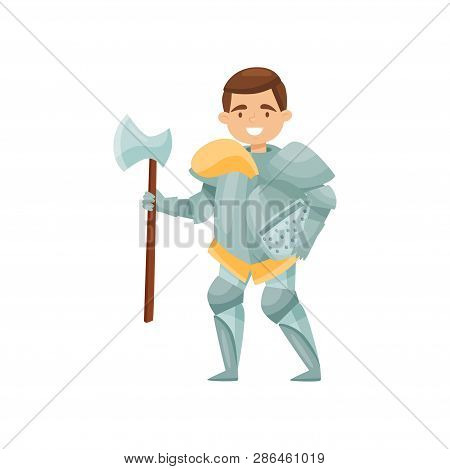 Cheerful Knight With Axe And Helmet In Hands. Medieval Warrior In Iron Armor. Royal Soldier. Flat Ve