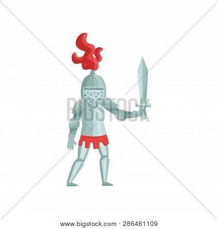 Flat Vector Of Medieval Knight With Sword In Hand, Ready To Fight. Warrior In Iron Armor. Cartoon Ch