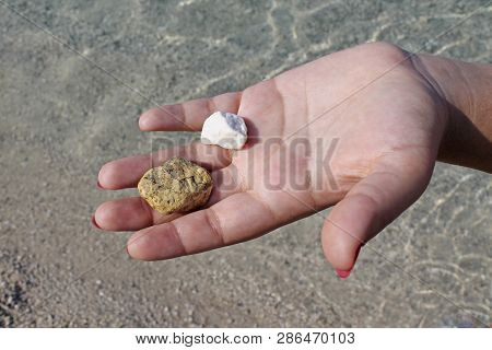 Woman Hands Holding Small Stones In Hands On Beach.