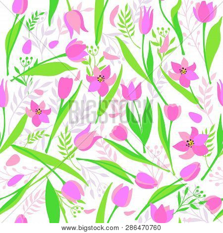 Vector Seamless Pattern Of Cute Stylish Tulips. Spring Illustration.