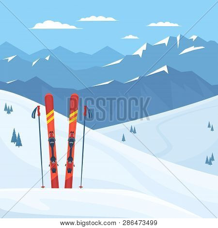 Red Ski Equipment At The Ski Resort. Snowy Mountains And Slopes, Winter Landscape. Vector Flat Illus