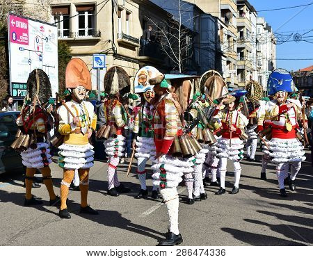 Verin, Spain, 24 Feb 2019. Famous Carnival And Street Parade With Cigarrons Costumes. Ourense Provin