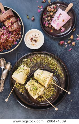 Assorted Kulfi,  Indian Ice Cream  In Different Colors And Flavors, Top View