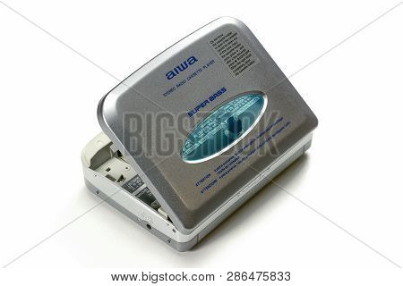 Saint Petersburg, Russia - November 21, 2018 - Vintage Aiwa Portable Audio Tape Compact Cassette Pla