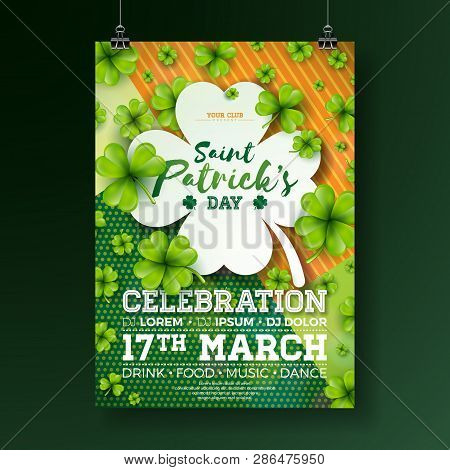 Saint Patricks Day Party Flyer Illustration With Clover And Typography Letter On Abstract Background