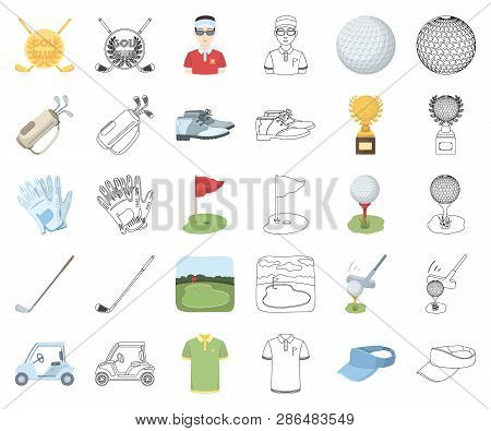 Golf And Attributes Cartoon, Outline Icons In Set Collection For Design.golf Club And Equipment Vect