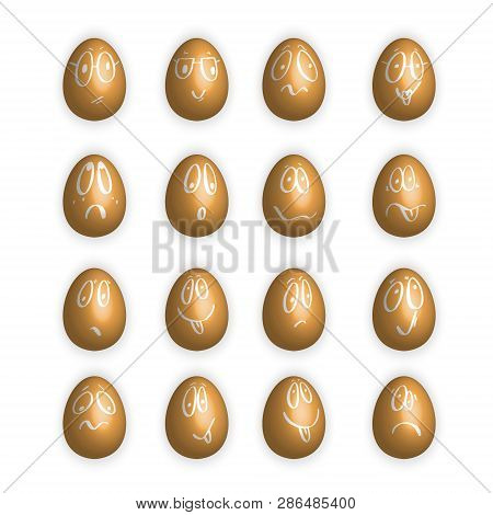 Set Of Beige Funny Easter Eggs Collection On A White Background. Faces On The Eggs.emotional Eggs Co