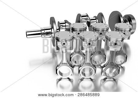 3d Rendering. Crankshaft For 6v Cylinders Engine. Truck Crankshaft On Grey Background. Engine Bearin