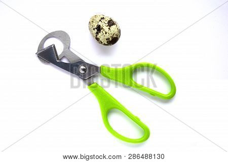 Quail Eggs And Scissors On White Background.