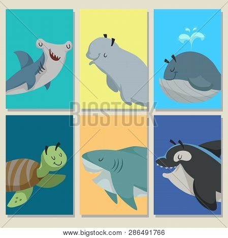 Mini Game Cards With Cute Cartoon Sea Animals. Hammer Head Fish, Beluga Whale, Whale, Sea Turtle, Sh