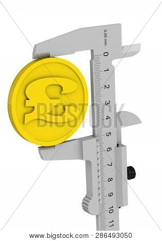 The Caliper Measures A Coin With The British Pound Sterling. Caliper Measures The Golden Coin With T