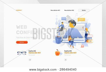 Web Conference Header Template With Tiny People Charactrs Around Lector At The Tablet Pc Screen, Boo