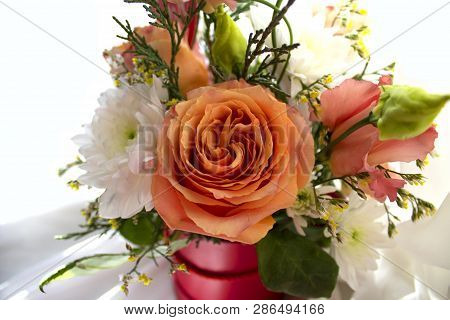 Valentine's Day Concept. Beautiful Bouquet Of Flowers With Heart Shape Sign