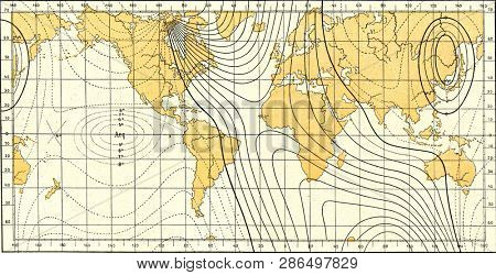 Isogonic or lines of equal magnetic declination, vintage engraved illustration. From the Universe and Humanity, 1910.