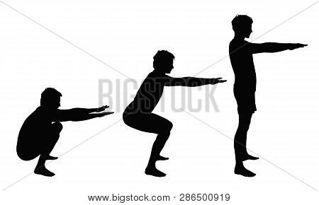 Black Vector Silhouettes Of Young Man Showing Right Squat Positions Isolated On White Background