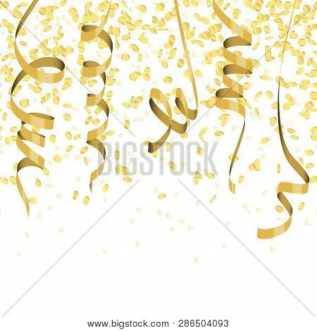 Vector Illustration Of Seamless Golden Colored Confetti And Streamers For Carneval Or Party Time On 
