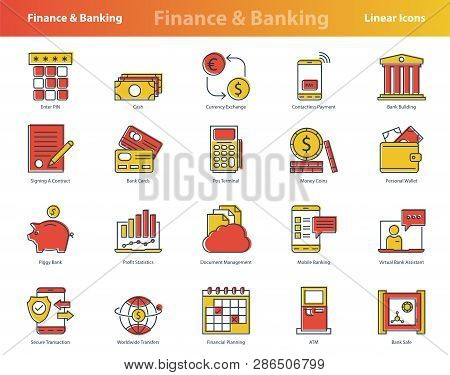 Vector Set Of Twenty Linear Colored Financial Icons. Yellow And Red Colors. Suitable Modern Pictogra