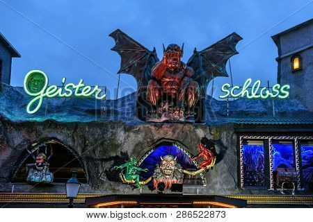 Vienna, Austria - December 27, 2017. Geisterschloss Horror Attraction In Viennese Prater Amusement P