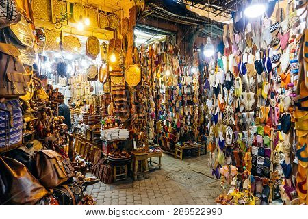 Moroccan Oriental Souvenirs And Products On The Market In The Medina Of Marrakesh, Morocco
