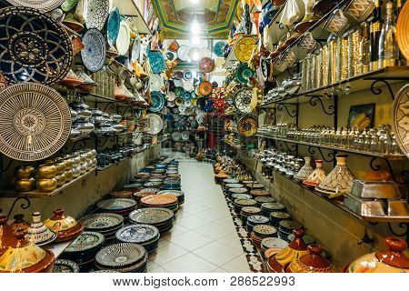 Moroccan Ceramics (bowls, Plates, Dishes) On The Market In The Medina Of Marrakesh, Morocco