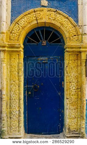 Blue Arabic Door In Morocco (marrakesh). Traditional Oriental Style And Design In Muslim Countries