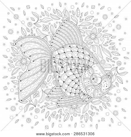 Stylized Cartoon Goldfish Among Algae On A White Background. Hand-drawn Sketch For Coloring Pages. V