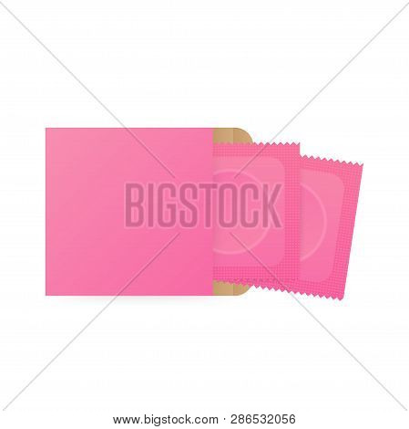 Condom Plastic Package With Obvious Circle Product Shape And Toothed Edge. Pink Condom With Packing.