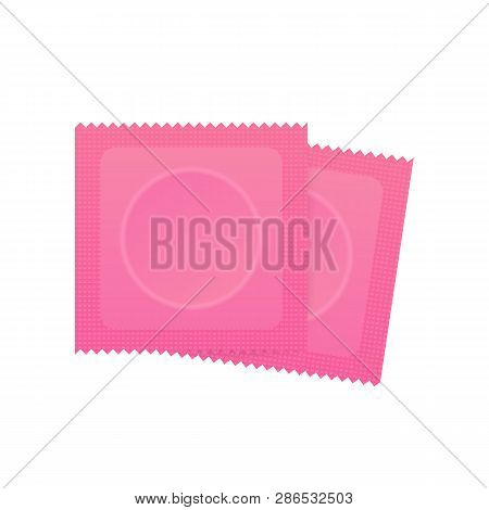 Condom Plastic Package With Obvious Circle Product Shape And Toothed Edge. Pink Condom With Packing.