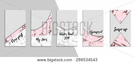 Set Of Chic Templates With Marble Texture And Rose Gold Geometric Elements For Social Networks. Medi