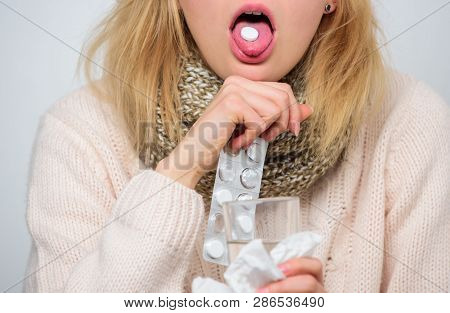 Take Pills Relieve Fever. Drink Plenty Of Fluids. Breaking Fever Concept. Girl Take Medicine To Brea