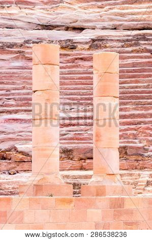 Columns At Ancient Theatre In Petra (red Rose City), Jordan. Petra Is Unesco World Heritage Site And