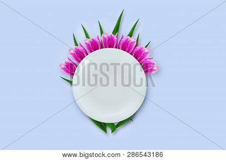 March 8 Made Up Of Plates With Tulips On A Blue Background. Copy Space. Happy Women's Day Background