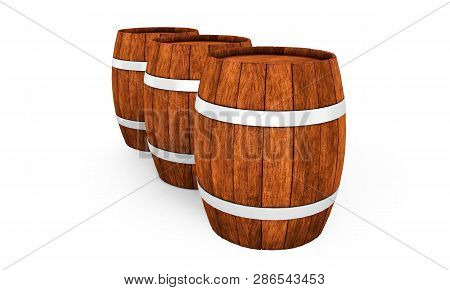 Wooden Barrel With Iron Hoops Isolated On White Background. 3d Rendering. Old Barrel With Rust On Th