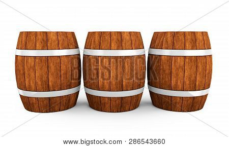 Wooden Barrel With Iron Hoops Isolated On White Background. 3d Rendering. Old Barrel With Rust On Th