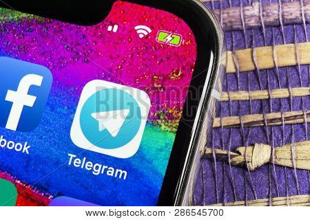 Helsinki, Finland, February 17, 2019: Telegram Application Icon On Apple Iphone X Screen Close-up. T