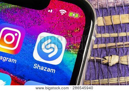 Helsinki, Finland, February 17, 2019: Shazam Application Icon On Apple Iphone X Screen Close-up. Sha