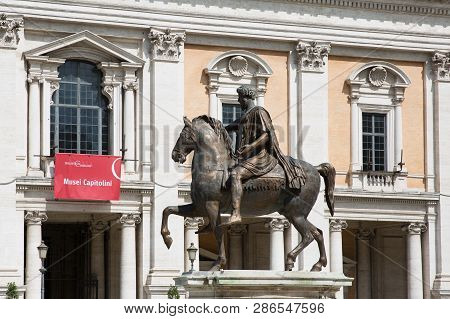 Rome, Italy - March 25, 2018: Bronze Statue Of Marco Aurelio At The Capitoline Hill, Piazza Del Camp