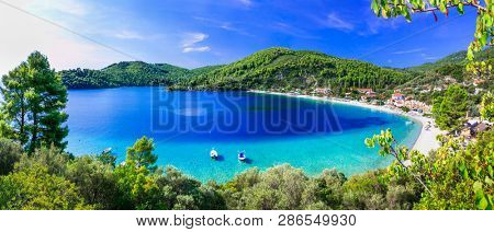 Best beaches of Skopelos - beautiful Panormos bay. Sporades islands of Greece