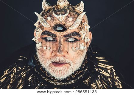 Alien, Demon, Sorcerer Makeup. Horror And Fantasy Concept. Head With Third Eye, Thorns Or Warts. Dem