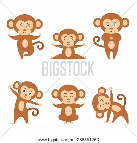 Collection Cartoon Funny Monkey Practicing Yoga Position. Set Ape Doing Gymnastics
