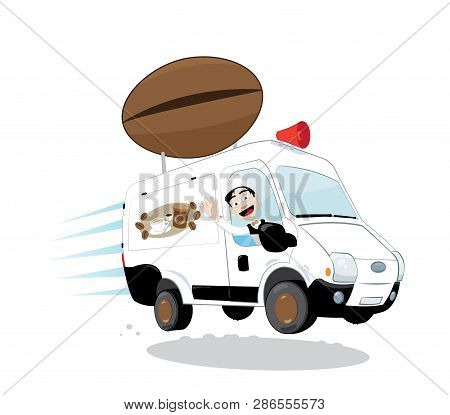 A Vector Cartoon Representing A Funny And Decorated Coffee Van, With Coffee Beams And Cups Logo, Dri