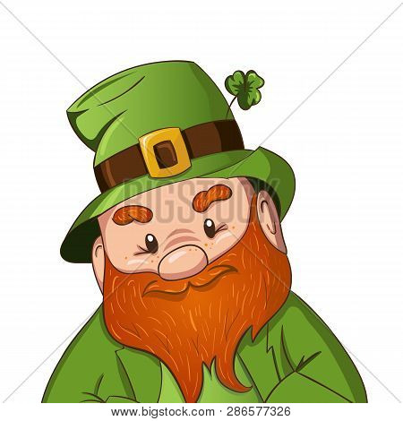 Happy Saint Patricks Day Illustration. Hand Drawn Leprechaun Cgaracter With Green Clover Leaf. Vecto